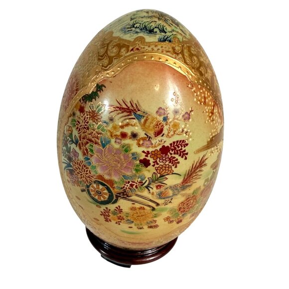 Japanese Satsuma Decorative Egg Gold Gilt Floral Landscape Glazed VTG Wooden Sta - Picture 5 of 12